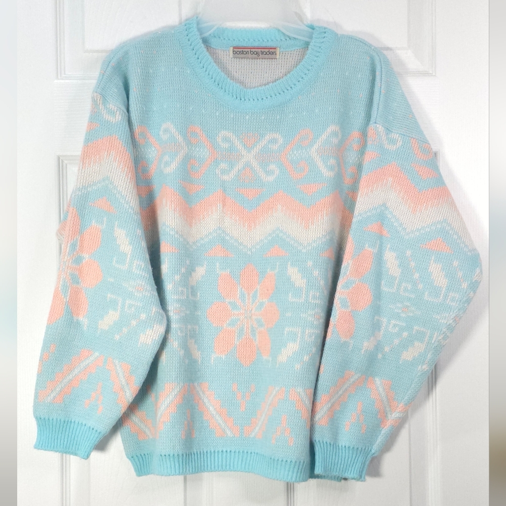 Boston Bay Traders Pastel Fair Isle Wool Sweater Blue Pink M/L Rare Vintage - Picture 2 of 10